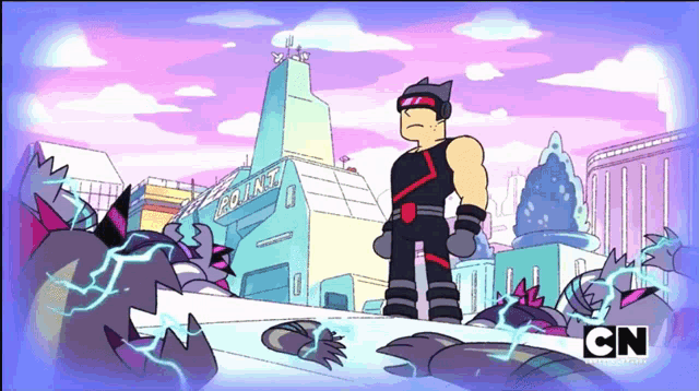 a cartoon character is standing in front of a police station