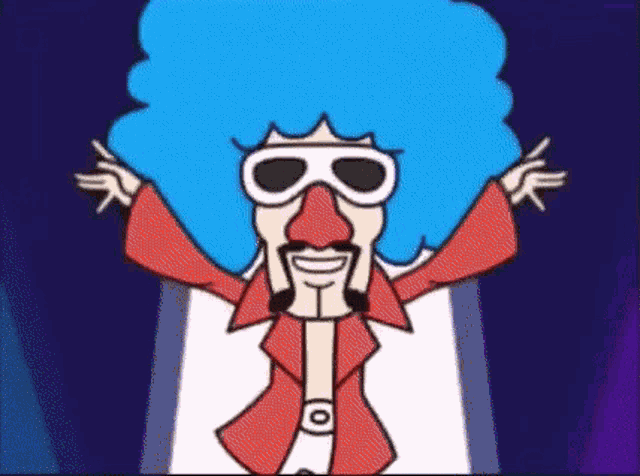 a cartoon character with a blue wig and sunglasses on