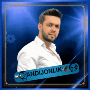 a man in a white shirt has a blue sign that says andijonlik on it