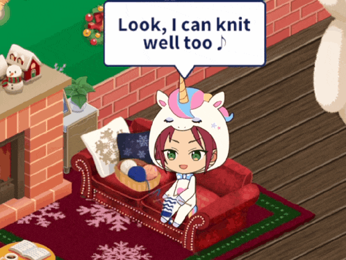 a unicorn sitting on a couch with a speech bubble that says " look i can knit well too " on it