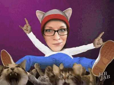 a cartoon of a woman surrounded by cats and the words jib jab on the bottom right