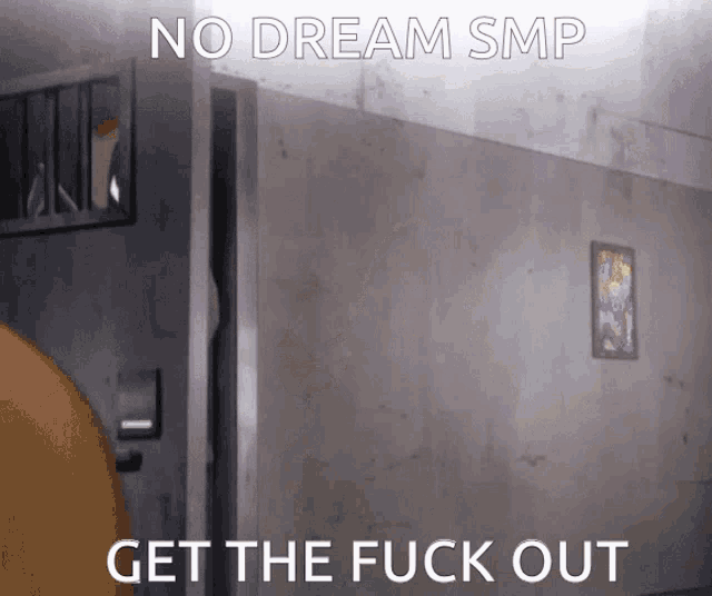 a picture of a room with the words no dream smp get the fuck out