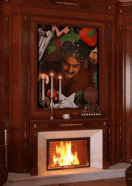 a fireplace with candles and a picture of a man on it