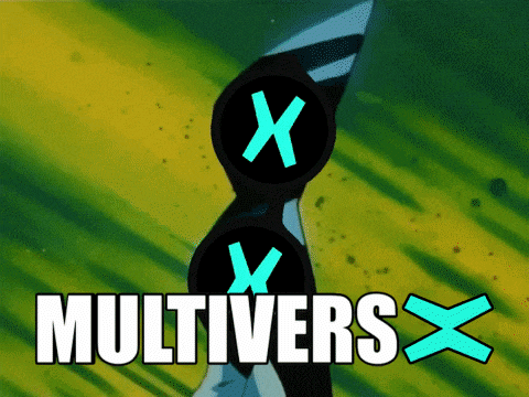 the word multivers is on a green background with a cartoon character