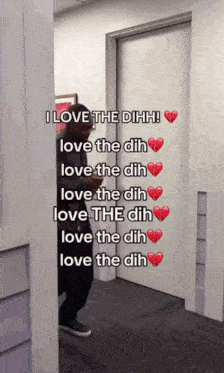 a man standing in a hallway with the words " i love the dihh " on top