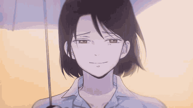 a girl with short hair is holding an umbrella