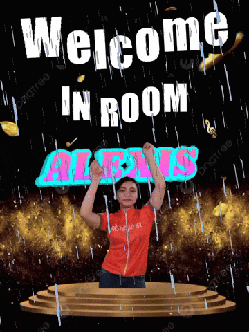a woman stands on a stage in front of a sign that says " welcome in room alexis "