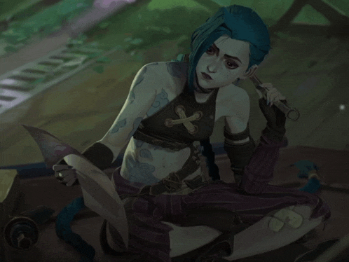 a woman with blue hair and a cross on her chest