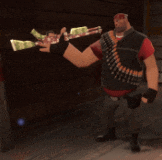 a cartoon character is holding a gun with a green and red design