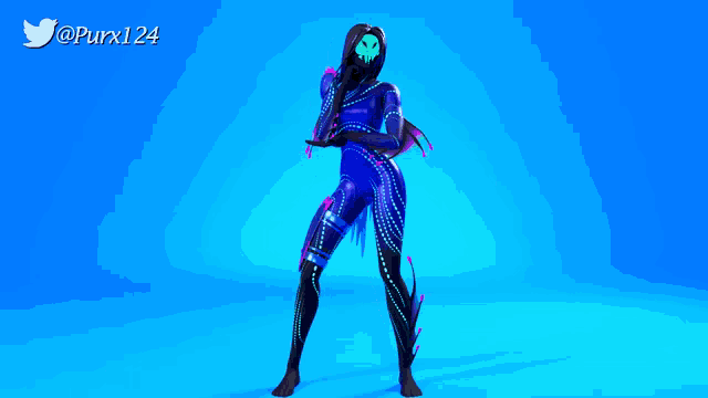 a woman in a glow in the dark outfit is standing in front of a blue background with purx124 written on the bottom