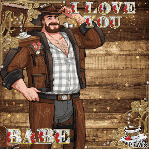 a picture of a man with the words i love you babe written on it