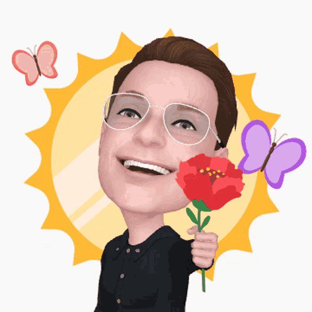 a cartoon of a man with glasses holding a red flower