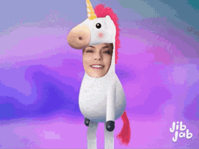 a woman is dressed as a unicorn with jib jab written on the bottom