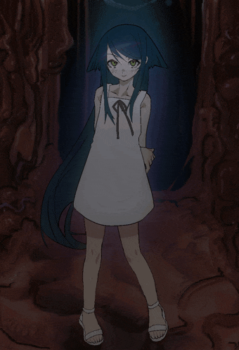 a drawing of a girl with long blue hair