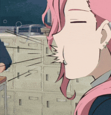a cartoon of a girl with pink hair making a face