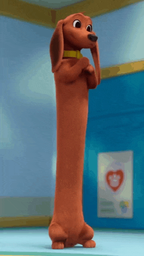 a cartoon dachshund is standing on its hind legs in a room with a blue wall .