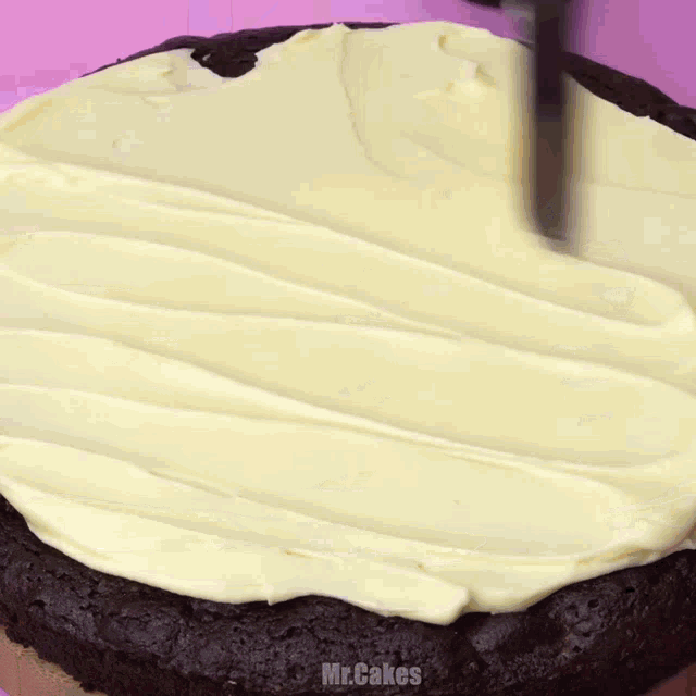 a chocolate cookie with white frosting on it and the words mr.cakes below it