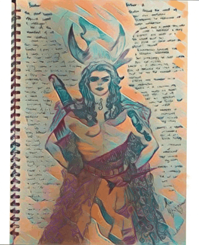 a spiral notebook with a drawing of a woman with horns on it