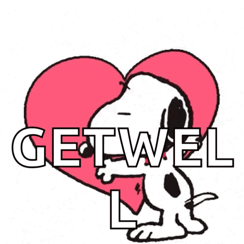 a cartoon of snoopy holding a heart with the words get well written below it