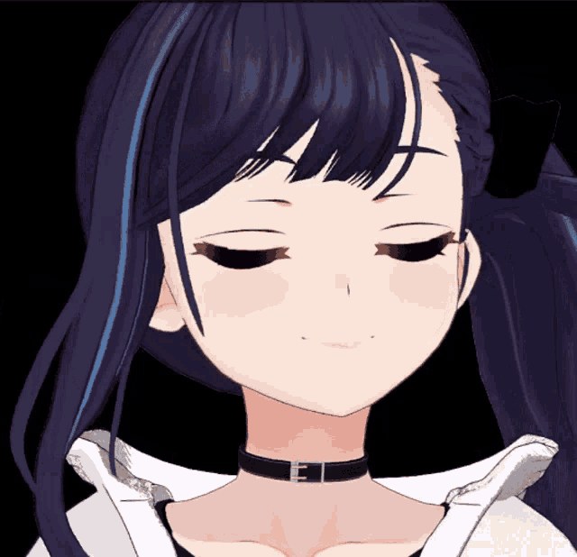 a close up of a girl 's face with her eyes closed and a choker around her neck