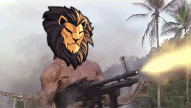 a man with a lion head is holding a gun in front of palm trees