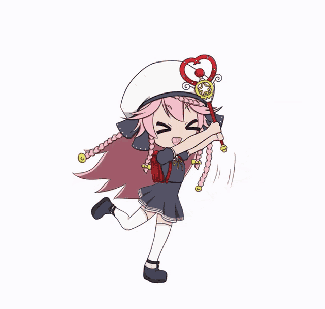 a girl with pink hair and a white hat holds a heart shaped wand
