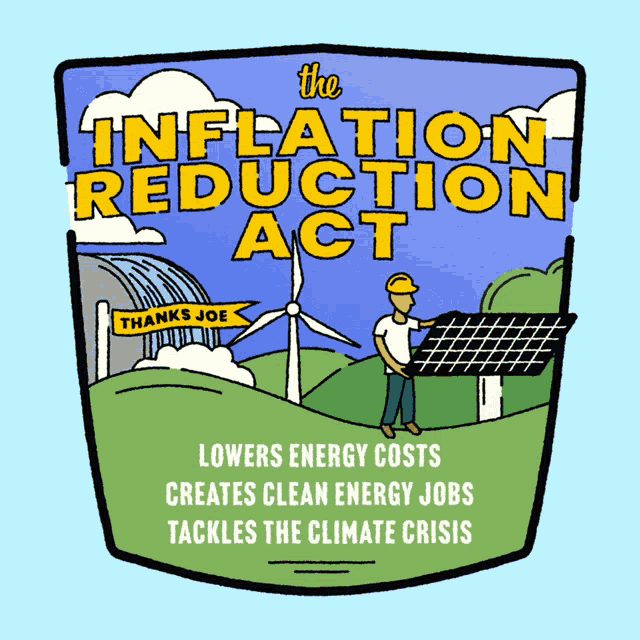 a poster for the inflation reduction act shows a man holding a solar panel