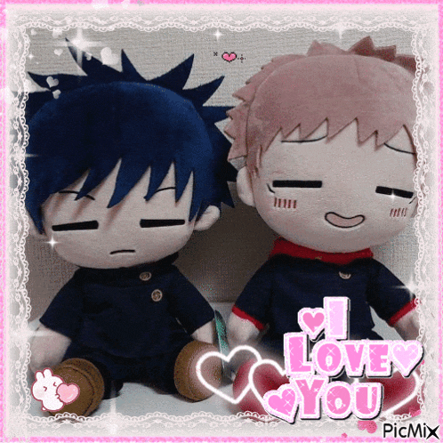 a picture of two stuffed animals with the words i love you on it