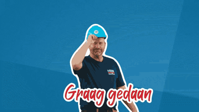 a man holding a blue ball on his head with the words graag gedaan above him