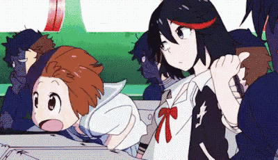 a group of anime characters are standing next to each other and looking at something .