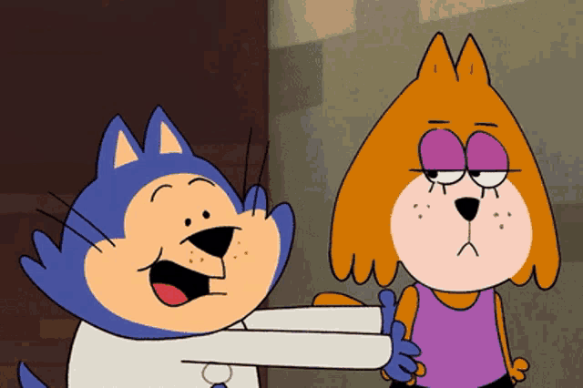two cartoon characters are standing next to each other and one of them has a purple shirt on
