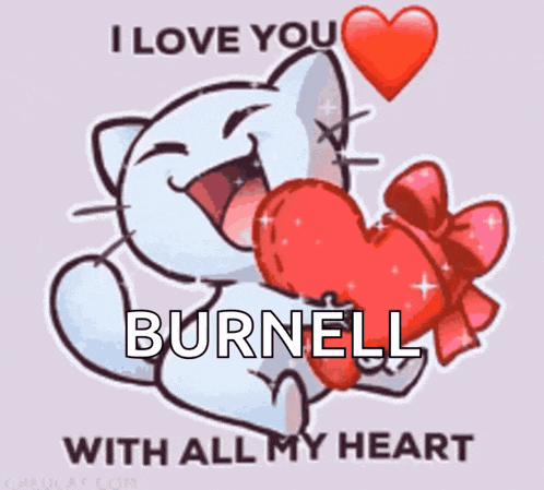 a white cat is holding a red heart with the name burnell on it