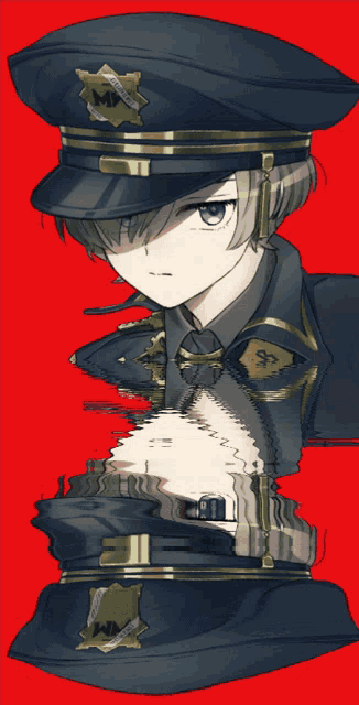 a drawing of a man in a police uniform with the letter m on it