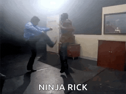 a man kicking another man in the face with the words ninja rick written below him