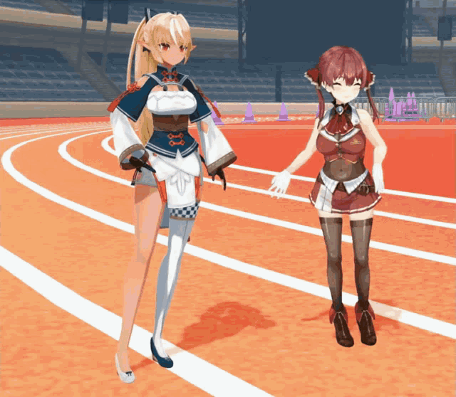 a couple of anime characters standing on a track holding hands