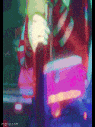 a pixel art painting of a person holding a pink box