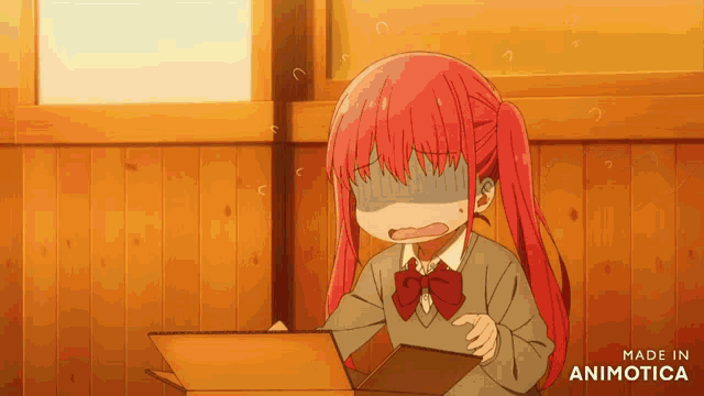 a girl with red hair is sitting at a table looking at a laptop screen made in animatica