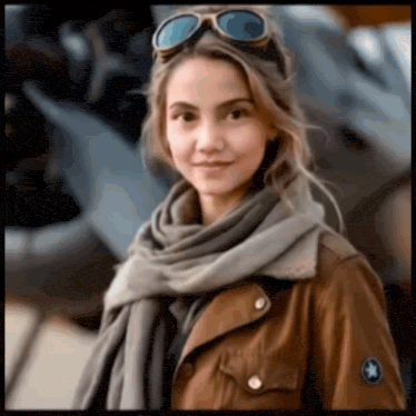 a woman wearing a scarf and goggles is standing in front of a plane