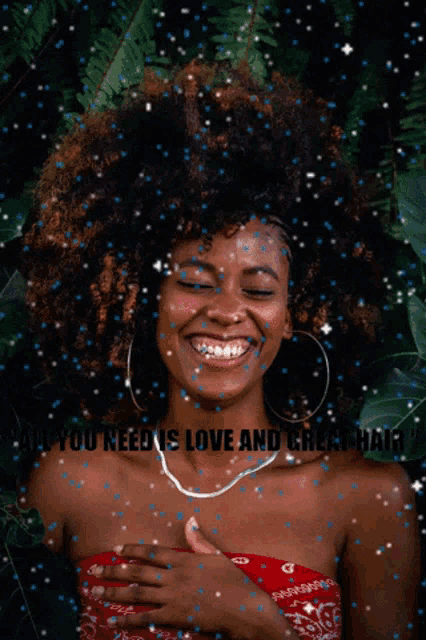 a woman in a red top is smiling with the words " are you needs love and great hair " written below her