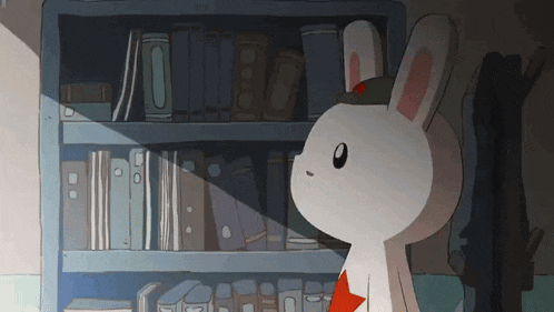 a cartoon rabbit is standing in front of a book shelf