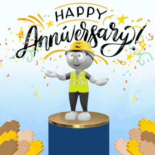 a happy anniversary greeting card with a construction worker on a podium