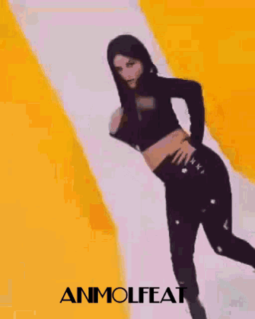 a woman is dancing on a yellow and white background with the word anmolfeat on the bottom right