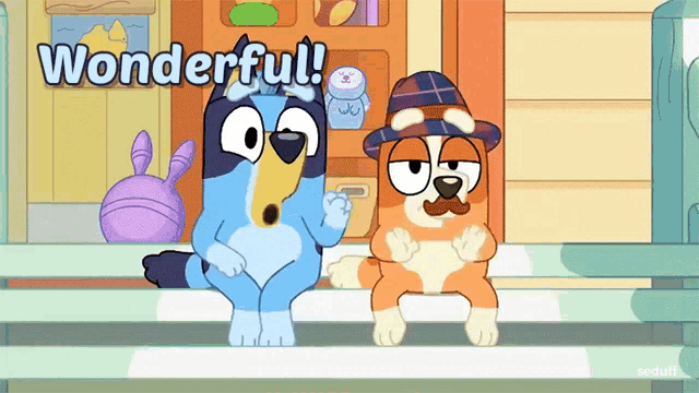 a cartoon of two dogs sitting on a porch with the words wonderful above them