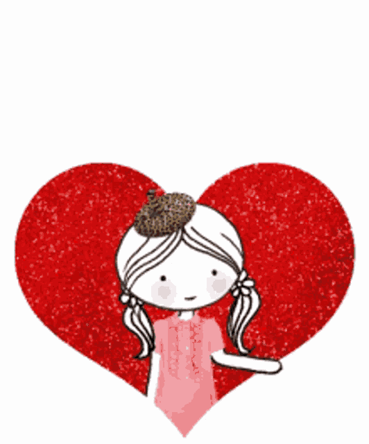 a girl in a pink dress is standing in front of a red heart with two hearts above her head