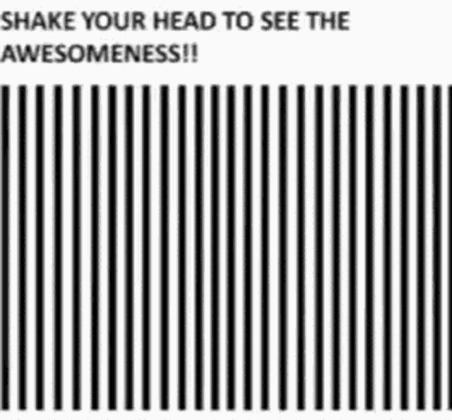 a black and white striped background with the words `` shake your head to see the awesomeness '' .