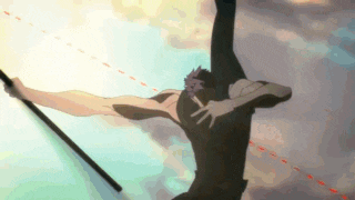 a man in a black shirt is holding a sword in his hand .