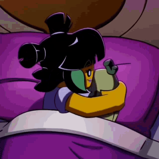 a cartoon character is laying in bed holding a pillow