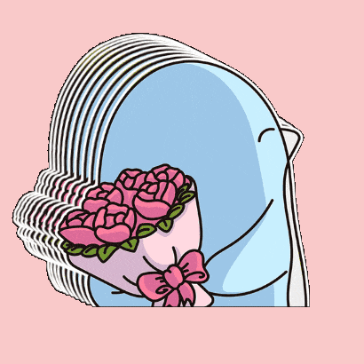 a cartoon whale is holding a bouquet of pink roses .