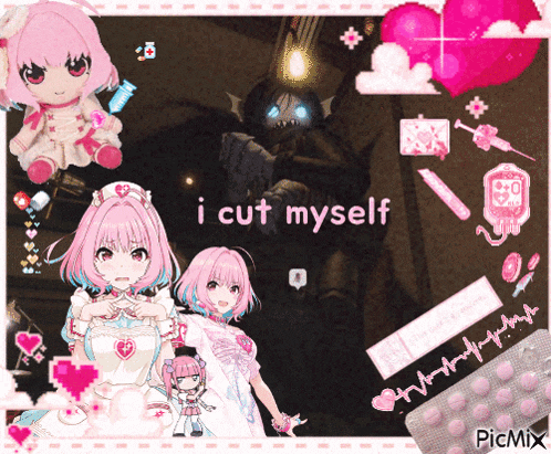 a collage of anime characters with the words " i cut myself " at the bottom