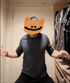 a man wearing a cat mask with a smiley face on it .